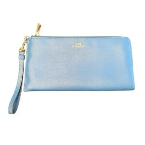 Coach Bright Blue Large Wristlet Genuine Leather Full Zip Clutch Wristlet